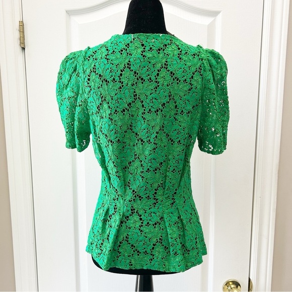 Zara Lace V-Neck Top Short Sleeve Rhinestone Button Blouse Green Size Small NWT - Picture 15 of 16